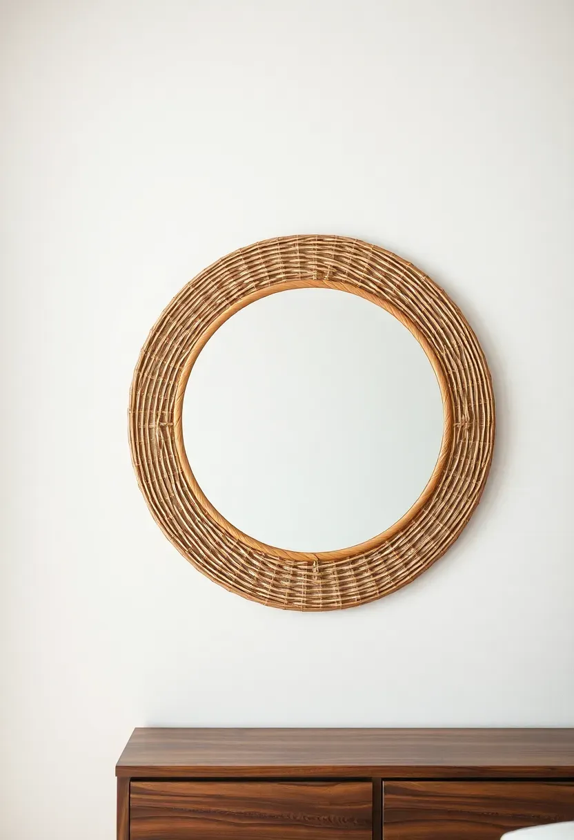 Hyper-realistic straight-on view of round mirror with woven rattan frame on white wall. Materials: natural rattan weave, glass mirror, visible wood dresser below. Soft diffused light, neutral palette, textural contrast mood. Sharp focus on rattan weave detail, visible bedroom context. No text, no logos, no watermarks.</p>