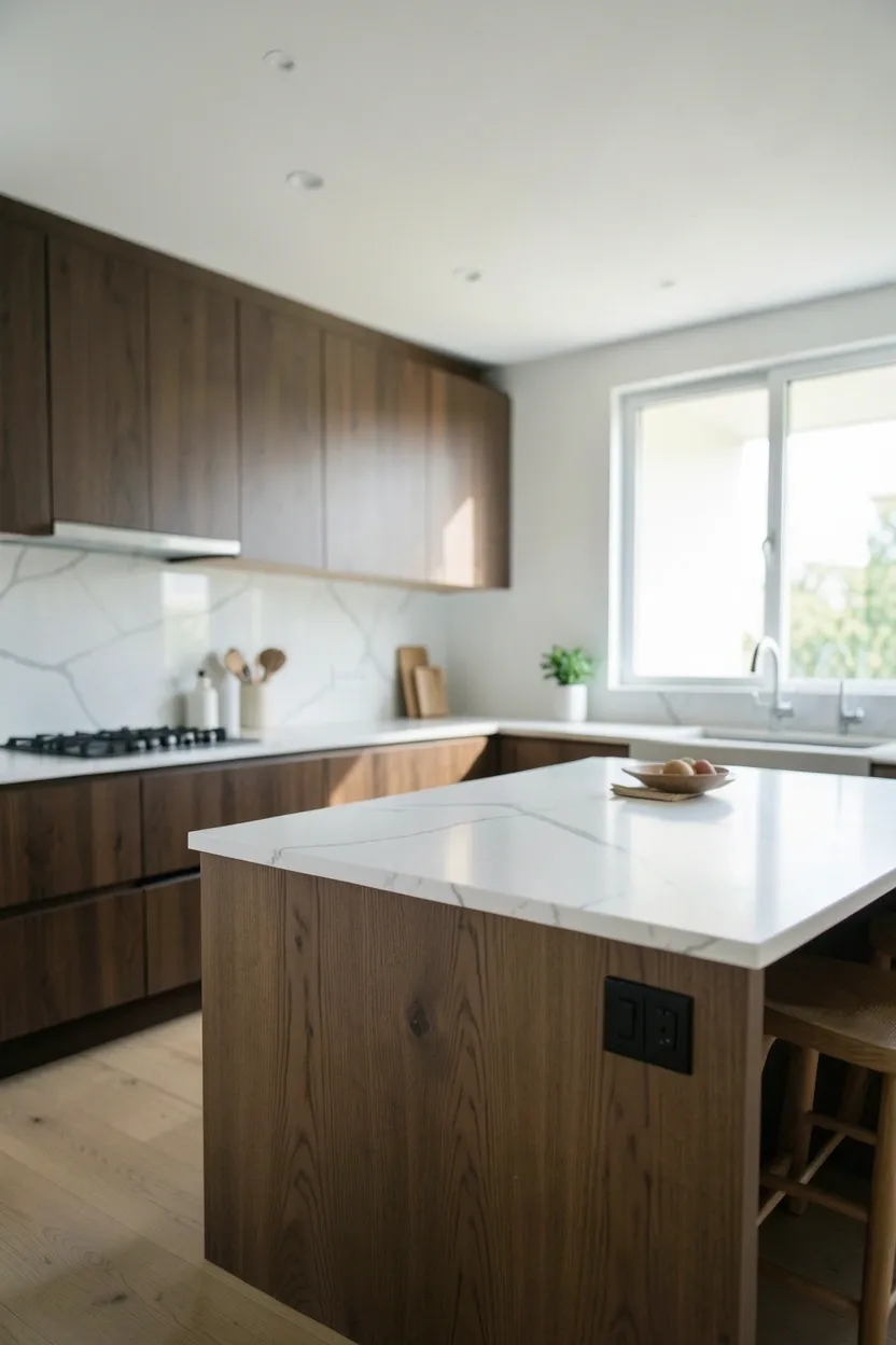 Hyper-realistic eye-level photograph of a modern kitchen with dark walnut cabinets, white walls, light wood island, white marble countertops. Natural light flooding from large windows. Materials: dark walnut, white paint, natural oak, Carrara marble. Natural mood. Shallow depth of field, sharp details on wood grain patterns. No text, no logos, no watermarks.</p>