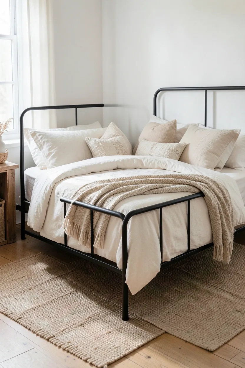 Minimalist matte black iron bed frame with thin spindles against white walls and cream linen bedding in a modern farmhouse bedroom