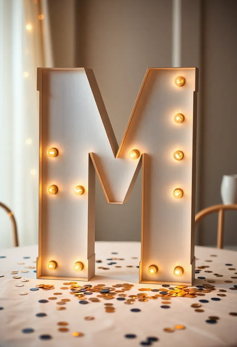 Illuminated varsity letter marquee showing the graduate's initial on a party table with confetti