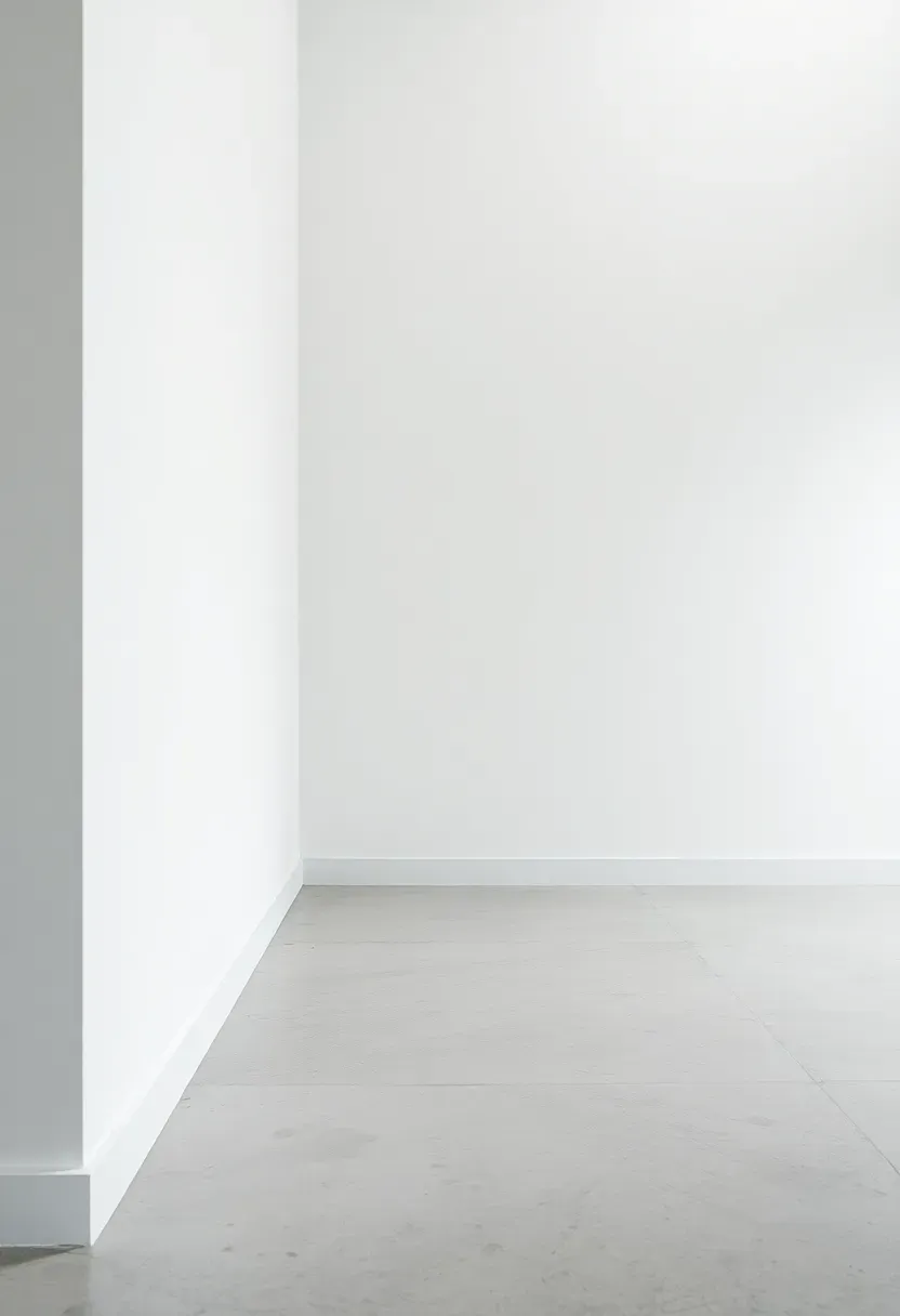 Recessed shadow gap base detail where the drywall floats above the floor with a dark reveal in a minimal white bathroom