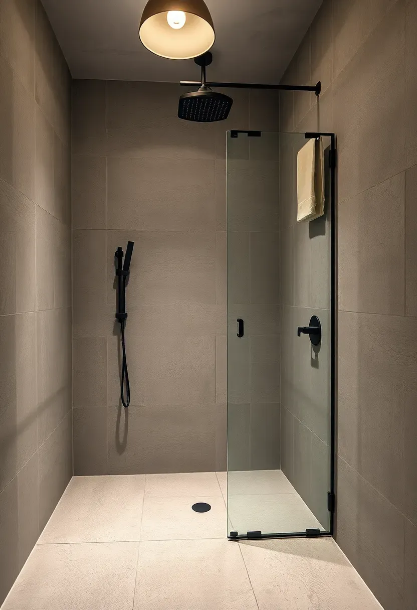 Industrial-style shower with concrete-effect textured porcelain tiles in warm grey and matte black hardware