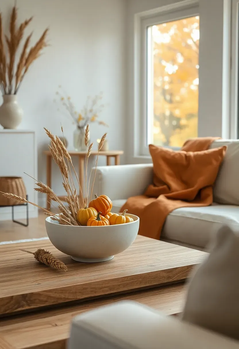 Hyper-realistic view of minimalist living room celebrating autumn season. Ceramic bowl on oak coffee table filled with dried wheat branches and small pumpkins, vase with autumn branches on console, linen throw blanket draped on sofa in rust color. Materials: natural dried grasses, small pumpkins, ceramic bowl in cream, linen throw, white oak furniture, cream sofa base. Warm golden hour light entering, autumn tones glowing. Seasonal organic mood with neutral palette and autumn accents. Shallow depth of field, sharp details on dried botanical textures, minimalist furniture with seasonal accents, visible window showing autumn trees.</p>