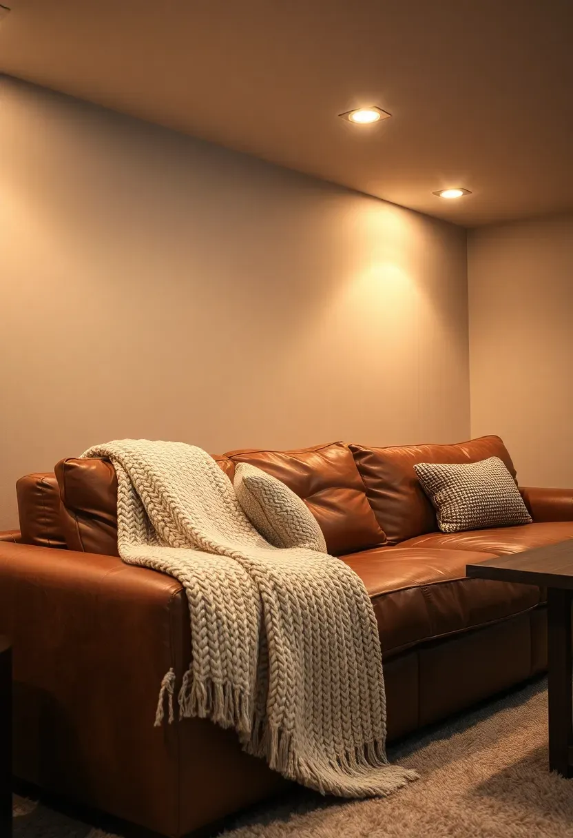 Cozy basement living space with warm greige painted walls and brown leather couch under recessed lighting