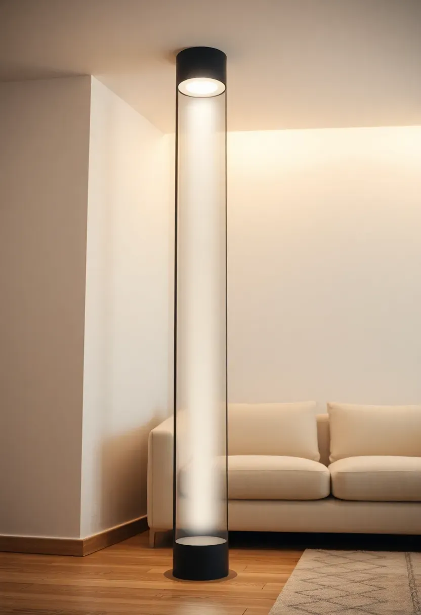 Hyper-realistic 3/4 view of minimalist living room corner featuring slender floor-to-ceiling uplight fixture. Matte black cylindrical housing from floor to ceiling with integrated LED uplight casting soft wash onto ceiling and upper walls. Light cream sofa positioned nearby, light wood floor. Warm white light creating gentle ceiling glow emphasizing room height. Materials: metal cylindrical housing, LED uplight module, oak flooring. Vertical architectural element. Clean minimal presence. Shallow depth of field, sharp details on fixture form and light effect. No text, no logos, no watermarks.</p>