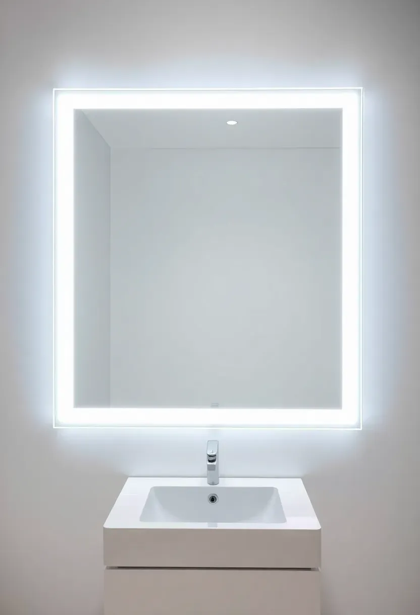 Frameless mirror with hidden perimeter LED frame glowing softly in a minimalist bathroom with white walls and a wall-hung vanity