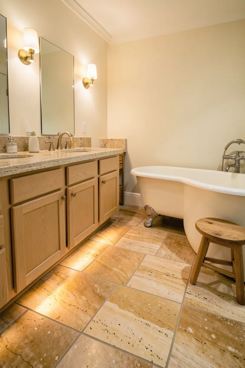 Hyper-realistic 3/4 view of a bathroom with heated stone tile floor. Large format warm travertine stone tiles with natural honey and cream veining cover floor. Gentle warmth emanates from floor creating cozy atmosphere. Light oak vanity with stone top sits above. Warm ambient lighting from brass sconces. Walls in pale cream. Freestanding tub in cream cast iron visible. Small wooden stool with towel. Clean organized space. No text, no logos, no watermarks.</p>