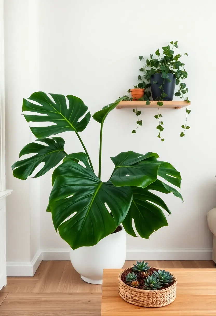 Hyper-realistic view of large Monstera plant in white ceramic pot, trailing ivy on floating shelf above, small succulent cluster on coffee table. Lush green leaves against white wall, light oak floor. Materials: matte white ceramic planters, unglazed terracotta, woven basket. Bright diffused daylight from window left, plant shadows. Living greenery bringing life to minimal space mood. Shallow depth of field showing Monstera leaf texture, vibrant green tones. No text, no logos, no watermarks.</p>