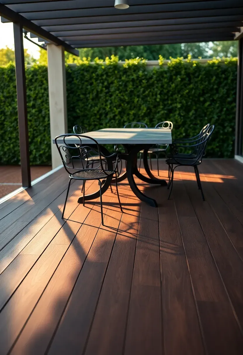Rich dark brown ipe hardwood deck with tight grain, outdoor dining set, and a view of a manicured garden in warm afternoon light