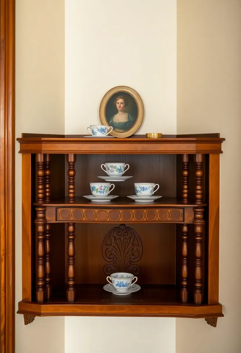 Victorian corner shelf with spindle details and carved trim, displaying a collection of antique teacups and a small framed portrait