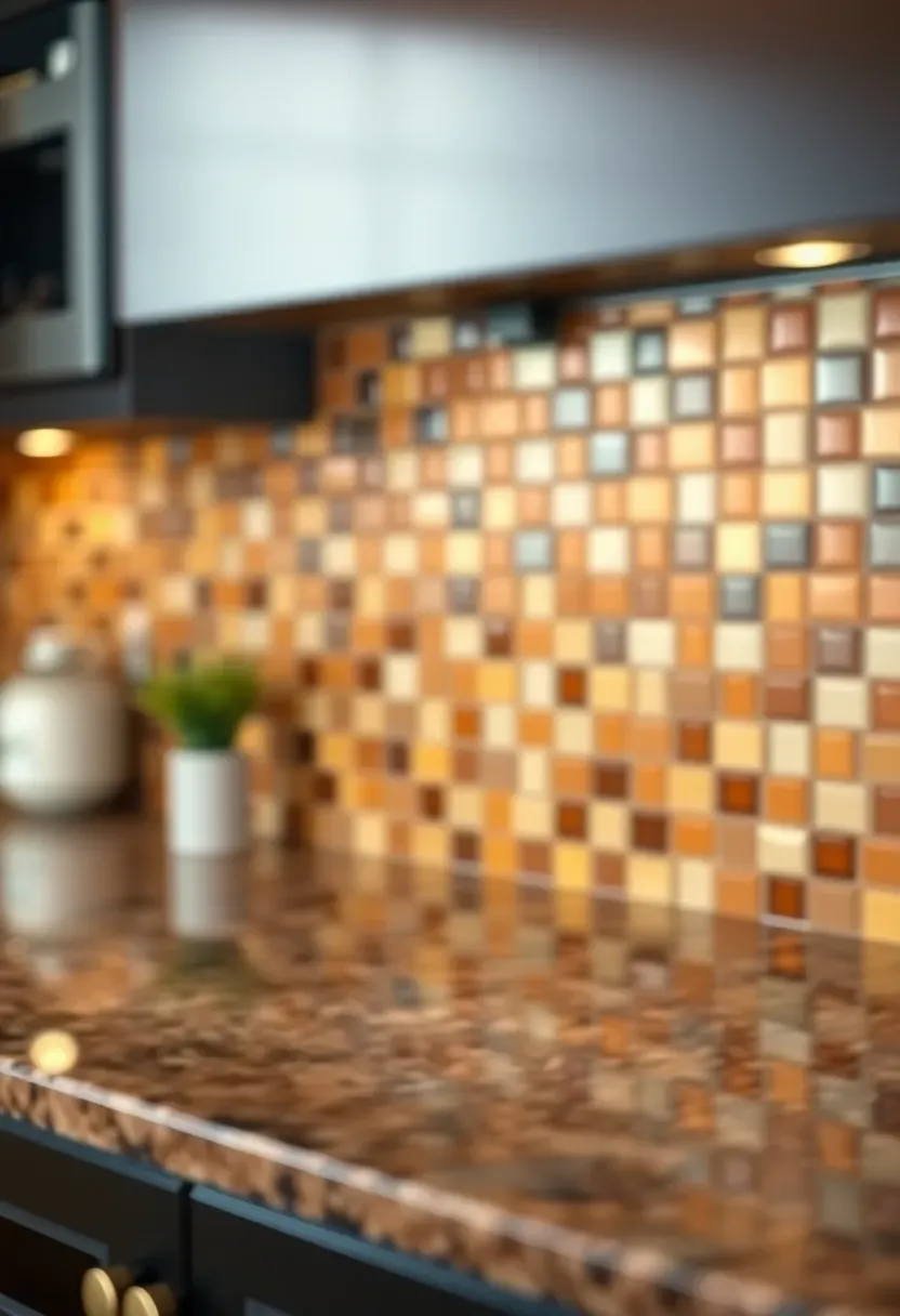 warm bronze glass tile backsplash with subtle metallic sheen in kitchen with fantasy brown granite countertops and espresso cabinets