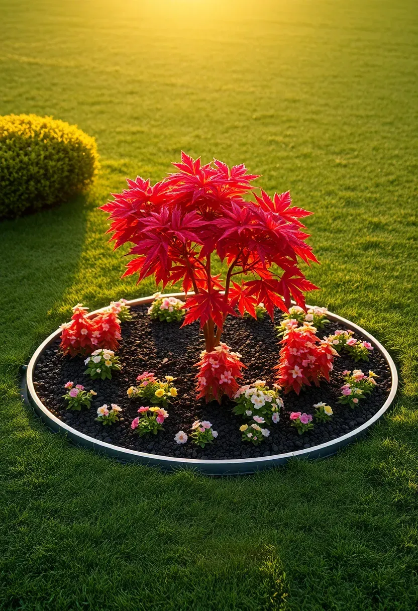 Circular focal point garden bed in the center of a lawn with a small ornamental tree in the middle surrounded by concentric rings of colorful flowering perennials