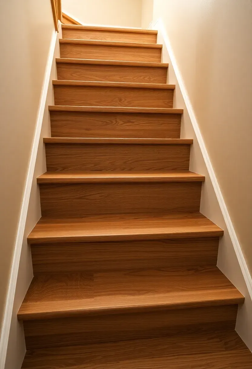 Basement stairs covered with click-lock vinyl plank tread covers in a weathered oak finish with matching vinyl riser pieces