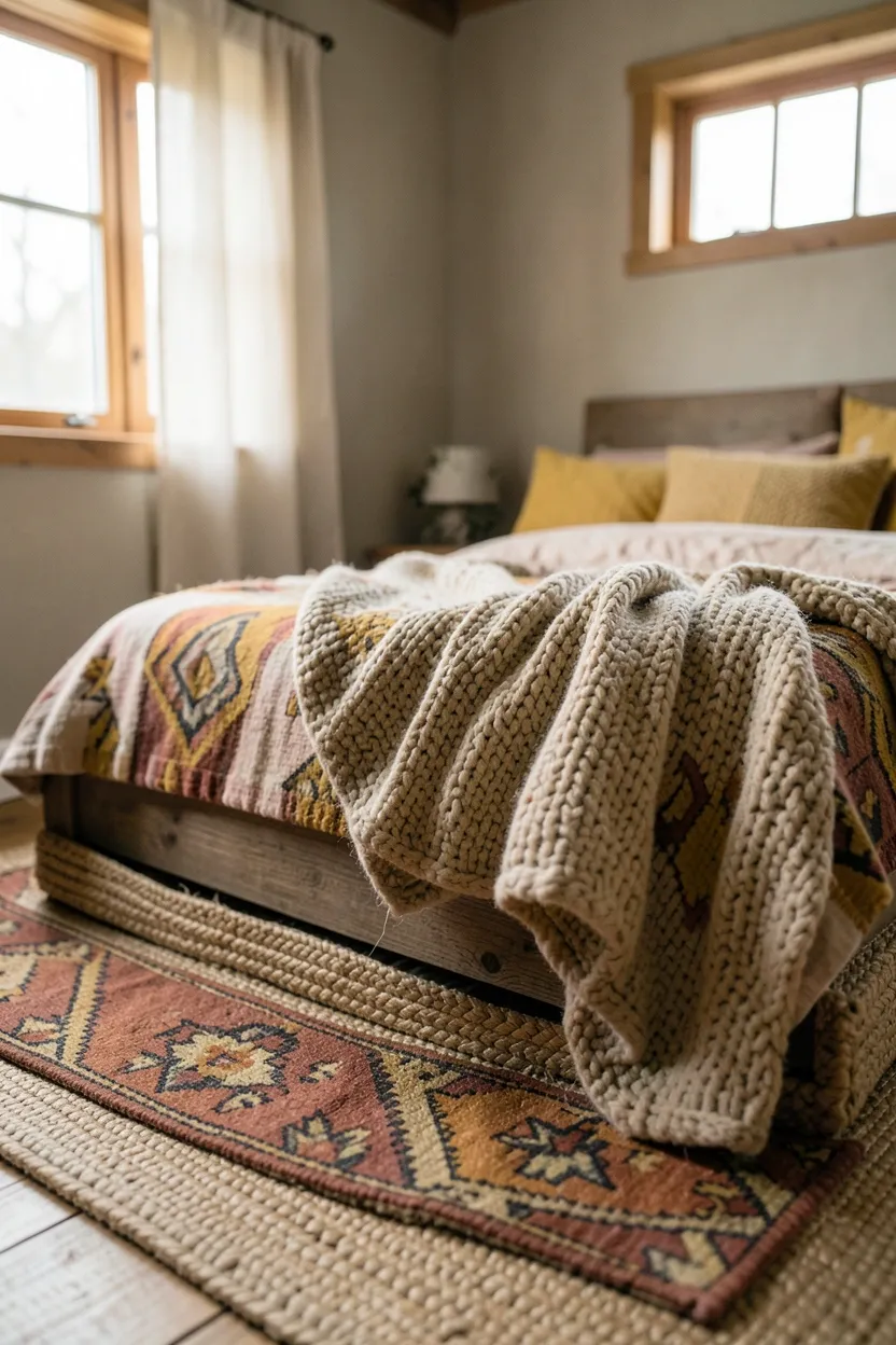Layered Earthy Textiles and Woven Rugs