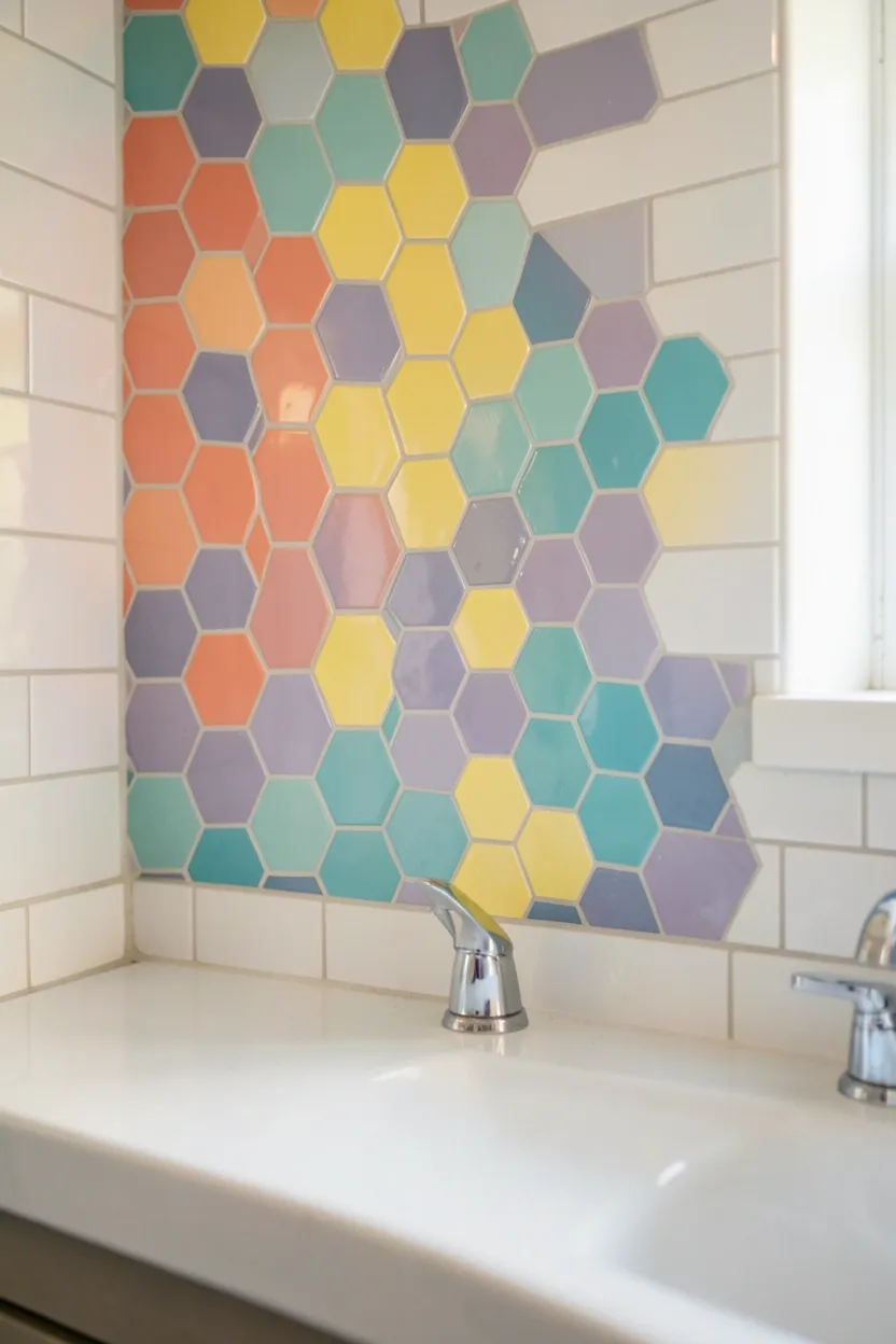 Vibrant multicolor hexagon tile backsplash behind bathroom vanity, coral mint yellow and lavender tiles in a playful family bathroom