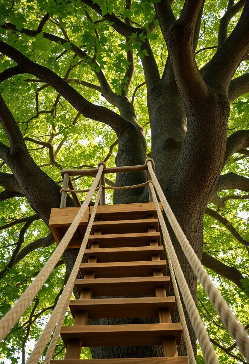 A treehouse gazebo built on a sturdy platform around the trunk of a large oak tree, accessed by a wooden staircase with rope railings, surrounded by leafy canopy