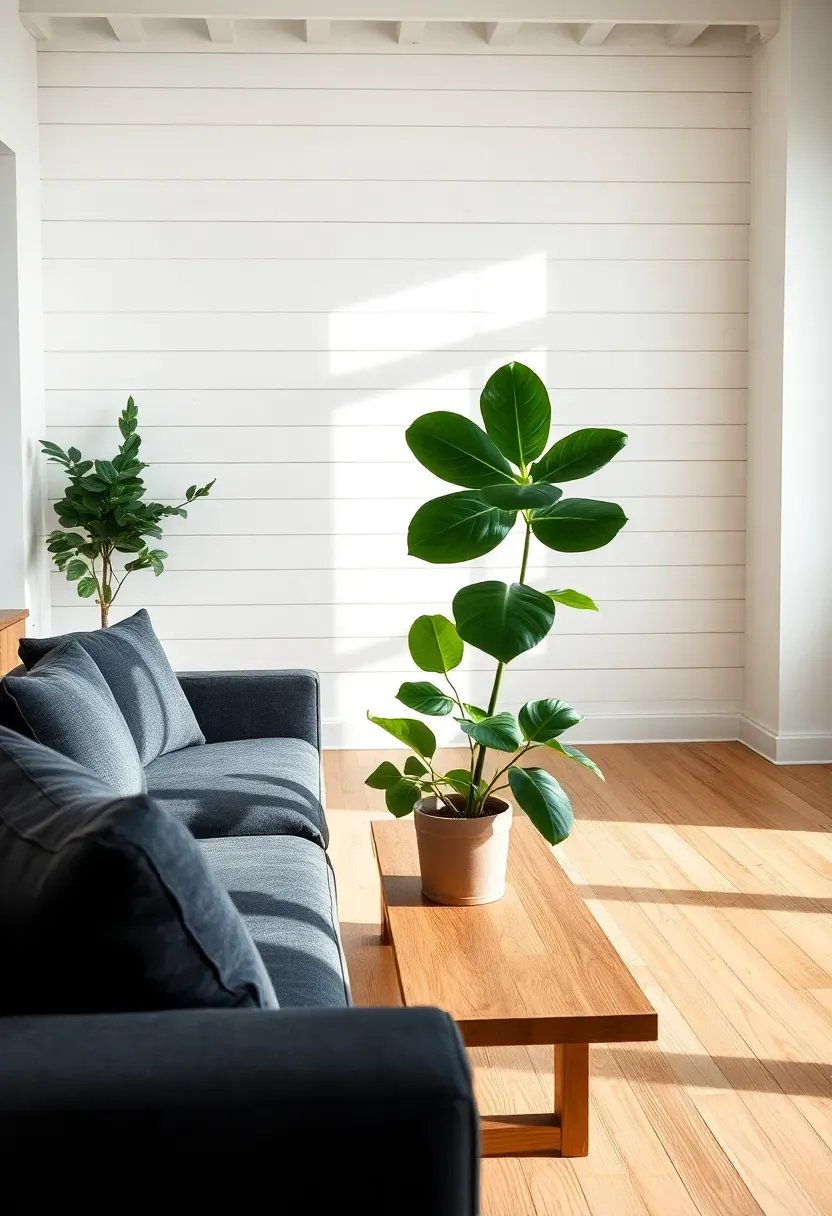 Hyper-realistic 3/4 view of living room with dark grey couch against white shiplap feature wall, matching shiplap on adjacent walls, light oak floor, simple wood coffee table, potted fiddle leaf fig. Materials: charcoal fabric, white painted wood shiplap planks, light oak wood, green plant leaves. Natural light emphasizing shiplap shadow lines, clean farmhouse texture. Textured wall mood like modern farmhouse renovation. Shallow depth of field, extreme close detail on shiplap joints. No text, no logos, no watermarks.</p>
