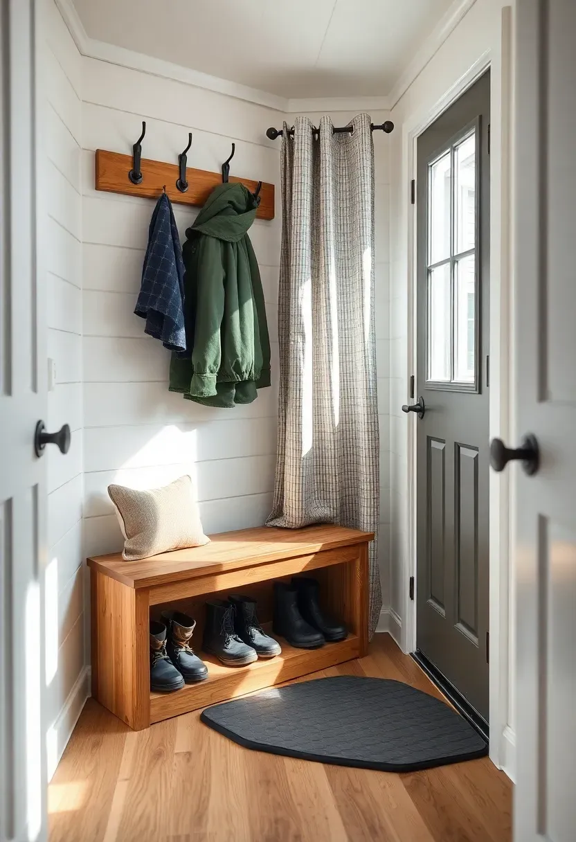 Hyper-realistic 3/4 view of tiny house entryway mudroom with organized winter gear storage. Materials: white shiplap walls, reclaimed wood bench with shoe storage underneath, wrought iron hooks for coats, rubber boot tray, thermal curtain separating spaces. Natural light from exterior door, organized functional design with warm wood tones against white, welcoming entry mood. Shallow depth of field, sharp details on hook hardware and boot tray texture, visible tiny house scale with compact but efficient layout. No text, no logos, no watermarks.</p>