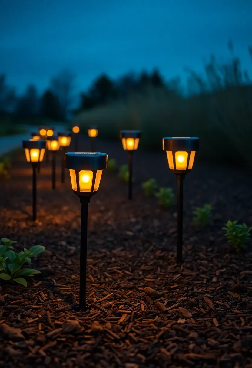 Solar-powered LED path lights lining a garden walkway at dusk casting warm pools of light along a mulched path