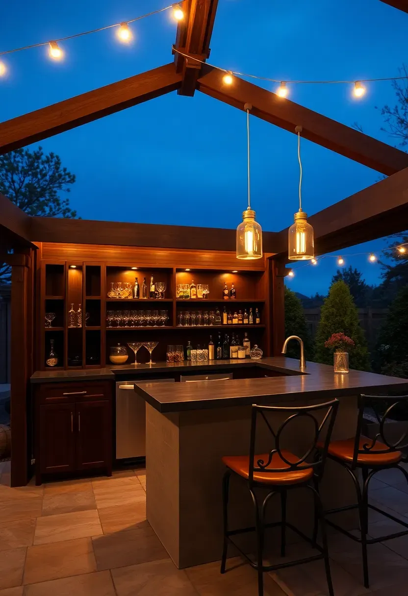 A backyard pavilion with a built-in L-shaped bar counter in dark stained wood, pendant lights above, shelving with glassware behind the bar, and outdoor stools on a stone patio at dusk