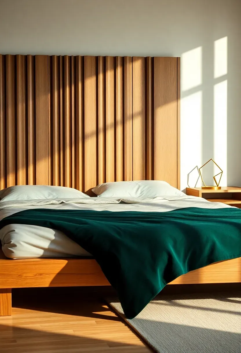 bedroom blending Japandi simplicity with Art Deco curves featuring fluted wood panel and brass accents