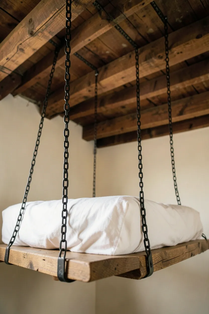 Hanging Bed from Exposed Beam for Vertical Interest