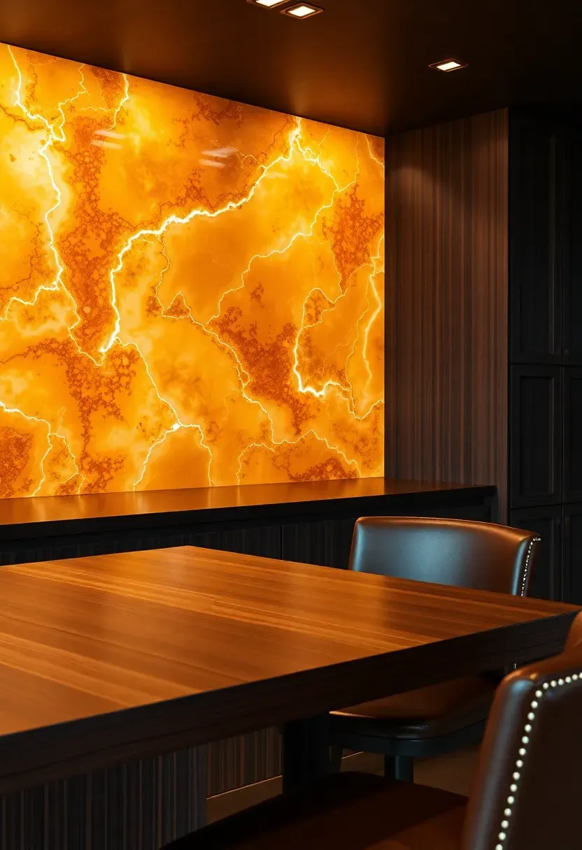 polished onyx slab backsplash with honey and amber veining backlit behind a luxury kitchen island bar