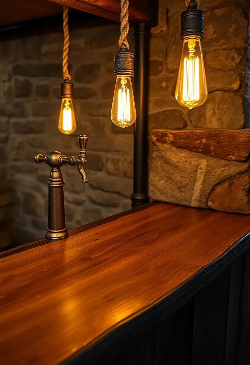 Rustic basement pub corner with reclaimed barn wood bar top, vintage tap handles, and warm edison bulb lighting