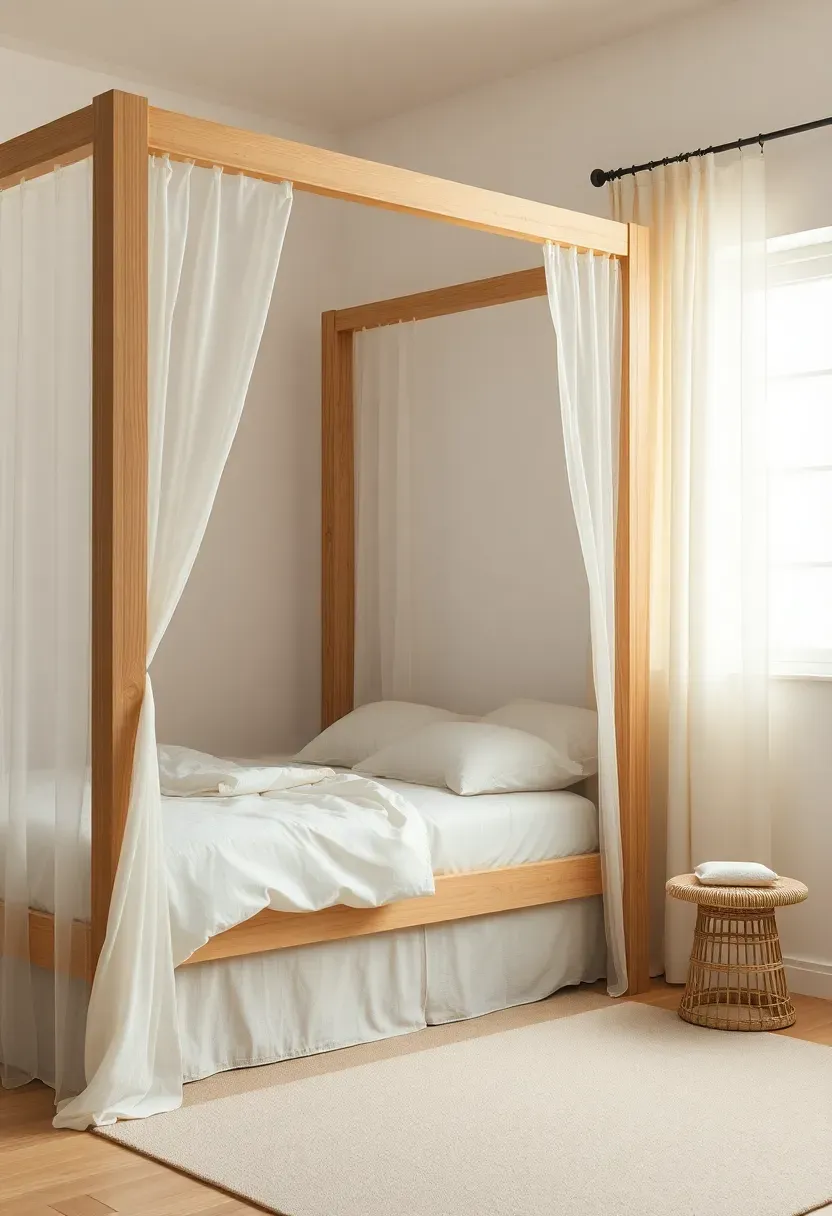 Pale wood canopy frame with breathable drape panels