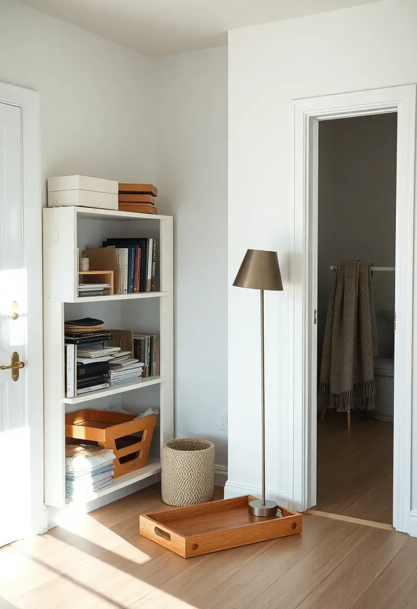 Hyper-realistic view of beginning Scandinavian minimalist journey showing gradual transformation. Room partially transformed: one decluttered shelf visible with intentional curation, one area with improved lighting showing new floor lamp, corner with added wool throw and wood tray introducing natural materials. Other areas still in progress showing this is journey not destination. White walls, light oak floor. Natural light streaming in. Journey-starting mood showing realistic beginning phase—imperfect but progressing, demonstrating sustainable gradual approach rather than overnight complete makeover.</p>