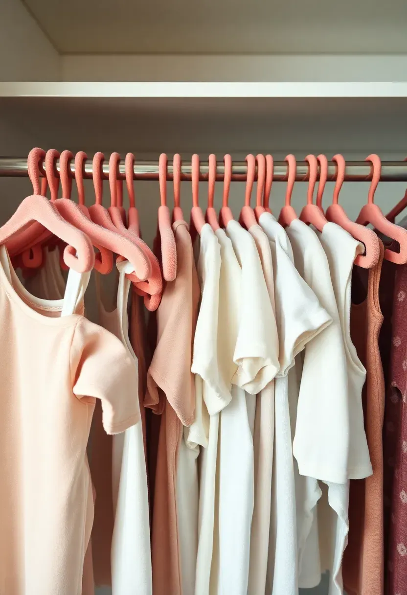baby closet rod filled with slim velvet hangers holding tiny outfits tightly packed with no gaps or tangling