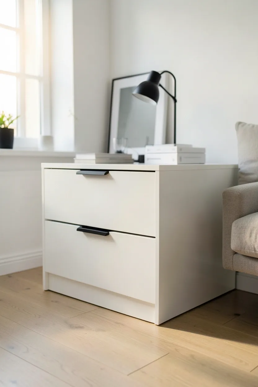 Scandinavian apartment living room detail showing matte black hardware on shelving and lamp base