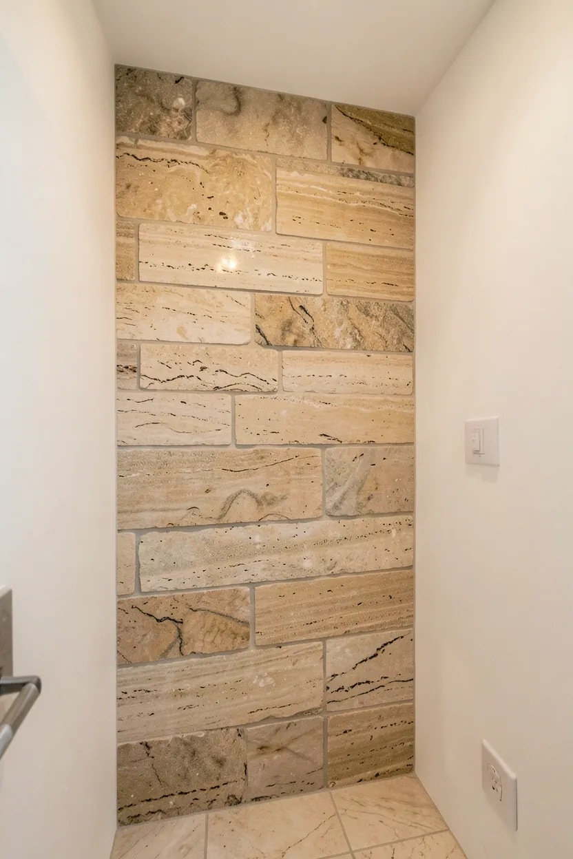 Natural travertine stone accent wall with dramatic texture and veining behind a freestanding tub in an elegant bathroom