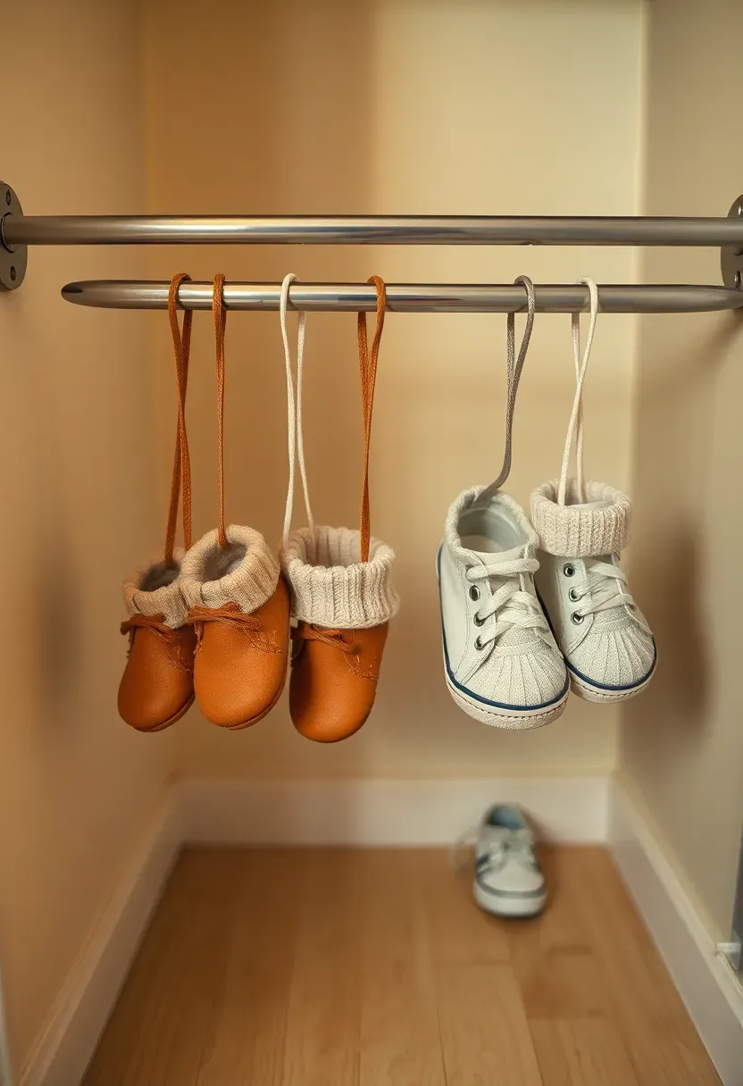 tension rod mounted low inside a baby closet displaying rows of tiny shoes arranged by size