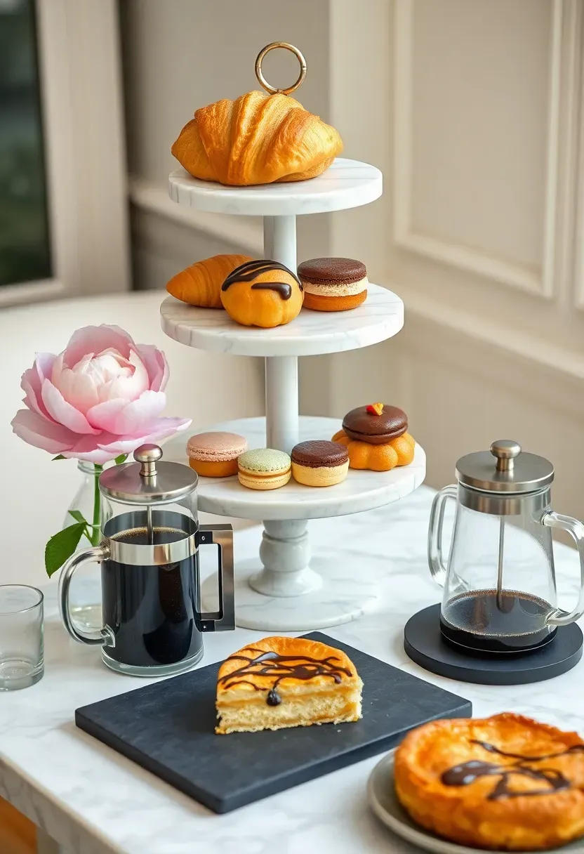 French patisserie style baby shower brunch display with croissants pain au chocolat macarons eclairs and petit fours on a marble tiered stand