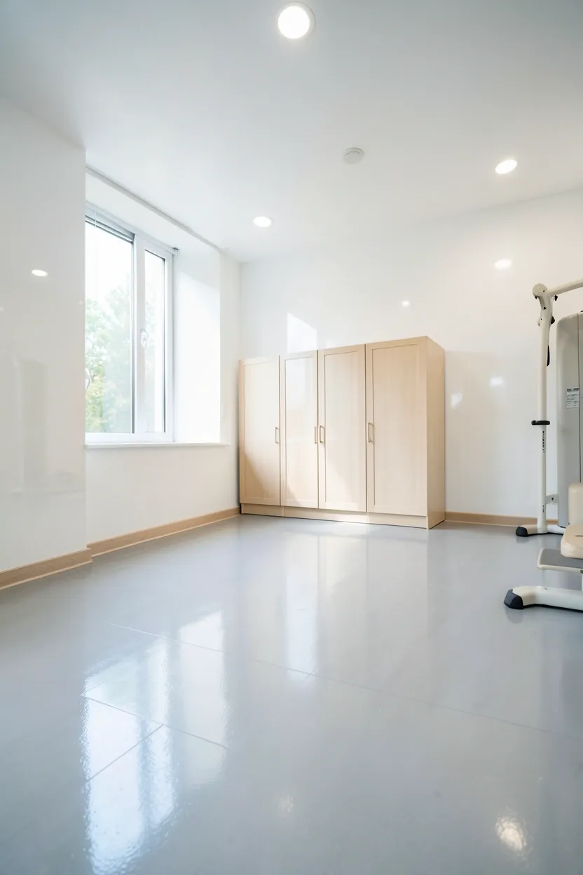 Small gym room with white walls, light gray rubber flooring, and metallic equipment finishes — bright reflective palette that makes tight spaces feel open