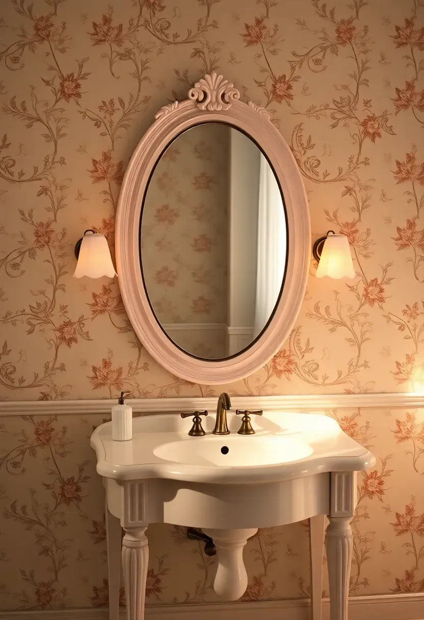Pair of petal-shaped milk glass sconces in soft pink finish flanking an oval mirror in a feminine vintage bathroom with floral wallpaper