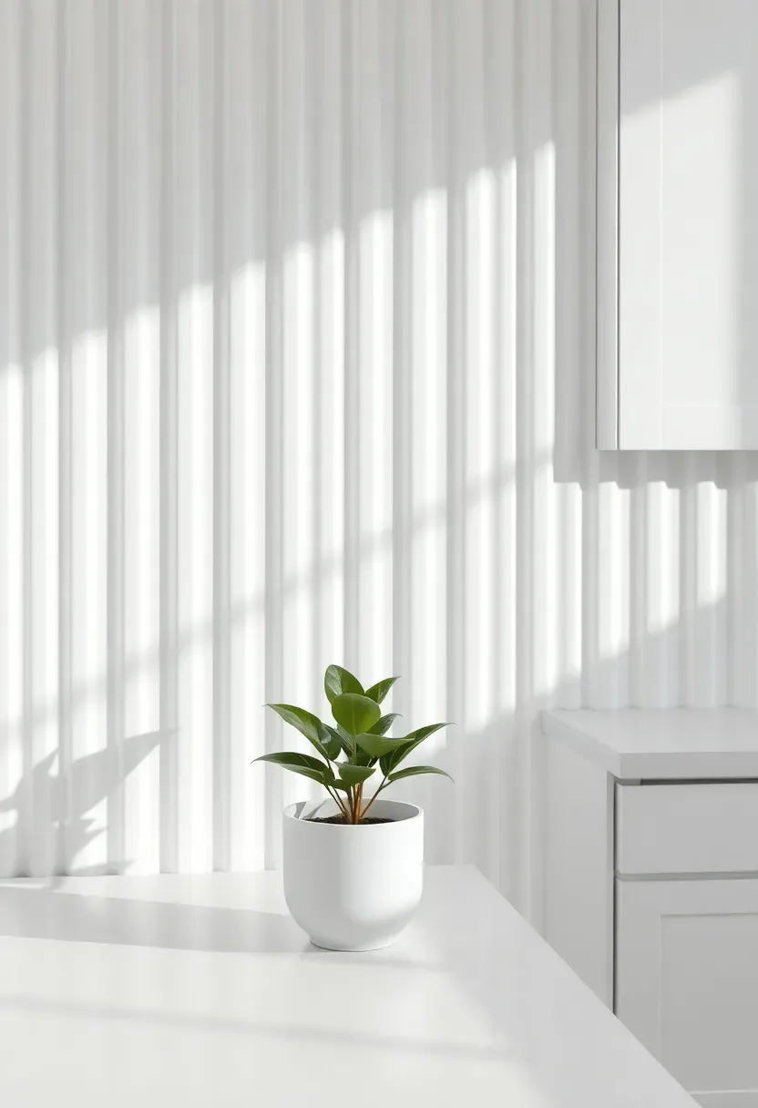 white fluted ribbed 3D ceramic tile backsplash with vertical ridges casting subtle shadows in a contemporary white kitchen