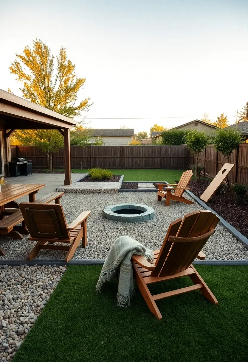 Large backyard divided into three clear zones with a dining area near the house and a fire pit lounge in the middle and a play area with artificial turf at the back
