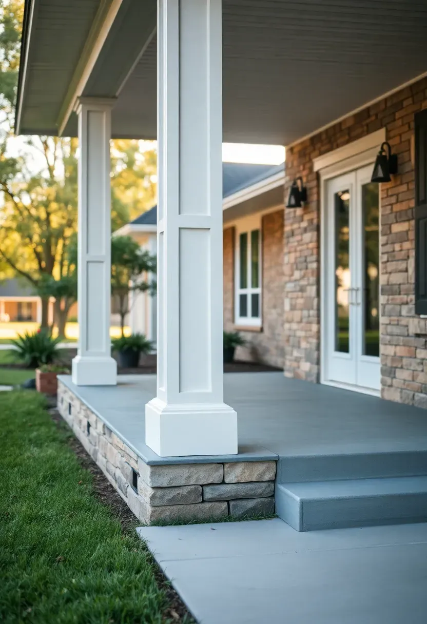 Ranch porch column makeover with craftsman square pillars and stone veneer base