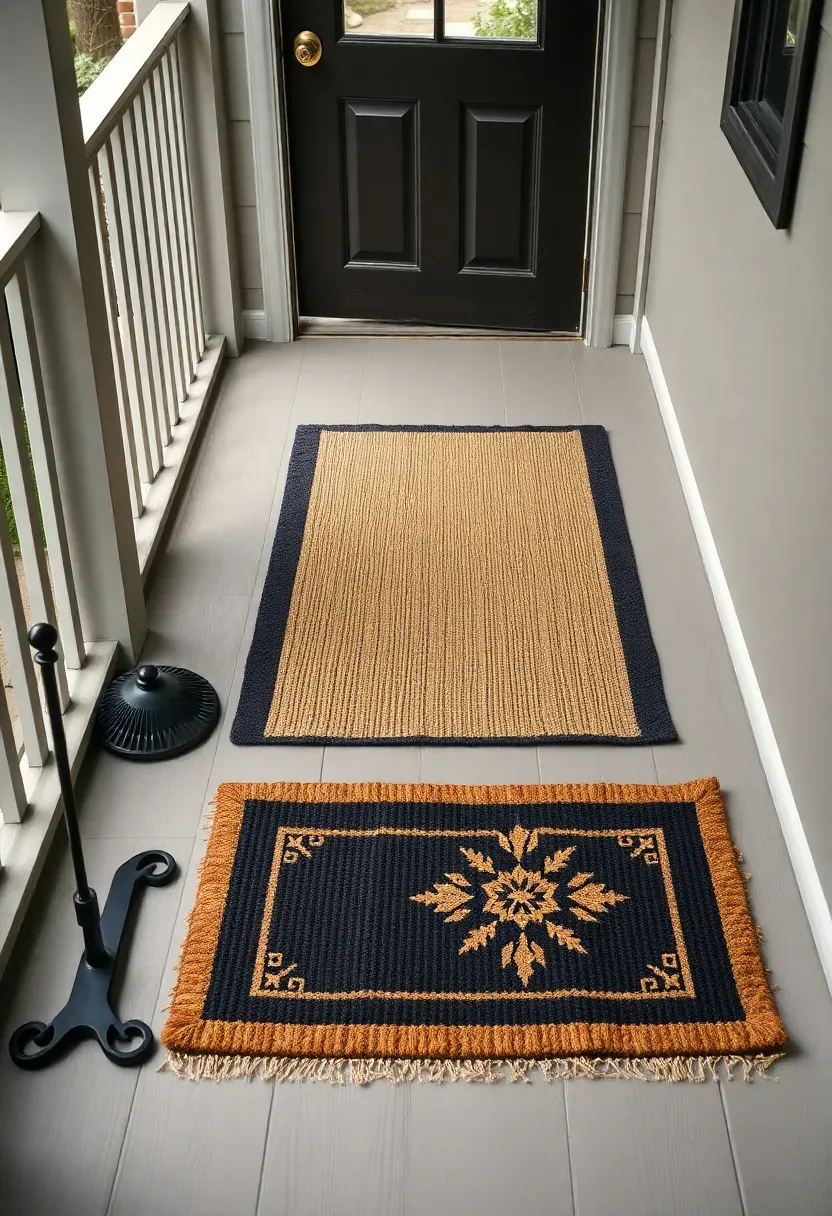 Hyper-realistic wide shot of a front porch with layered floor textiles creating a welcoming path. At the porch edge, a cast iron boot scraper with stiff bristles in black. Next, a large dark charcoal coir mat with evergreen border pattern. A natural jute runner extends from the door down the stairs, anchored at the top with a smaller patterned wool mat featuring a Nordic star design in cream and gray. Porch has painted wood floors in soft gray. Soft diffused daylight. Visible dark wood front door with brushed nickel hardware. No text, no logos, no watermarks.</p>