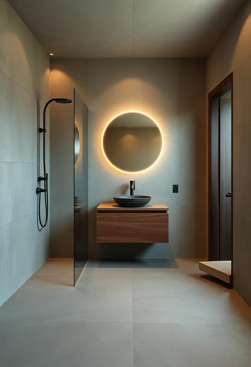 Seamless concrete microcement bathroom floor in warm gray with walk-in shower area and floating wooden vanity industrial modern look