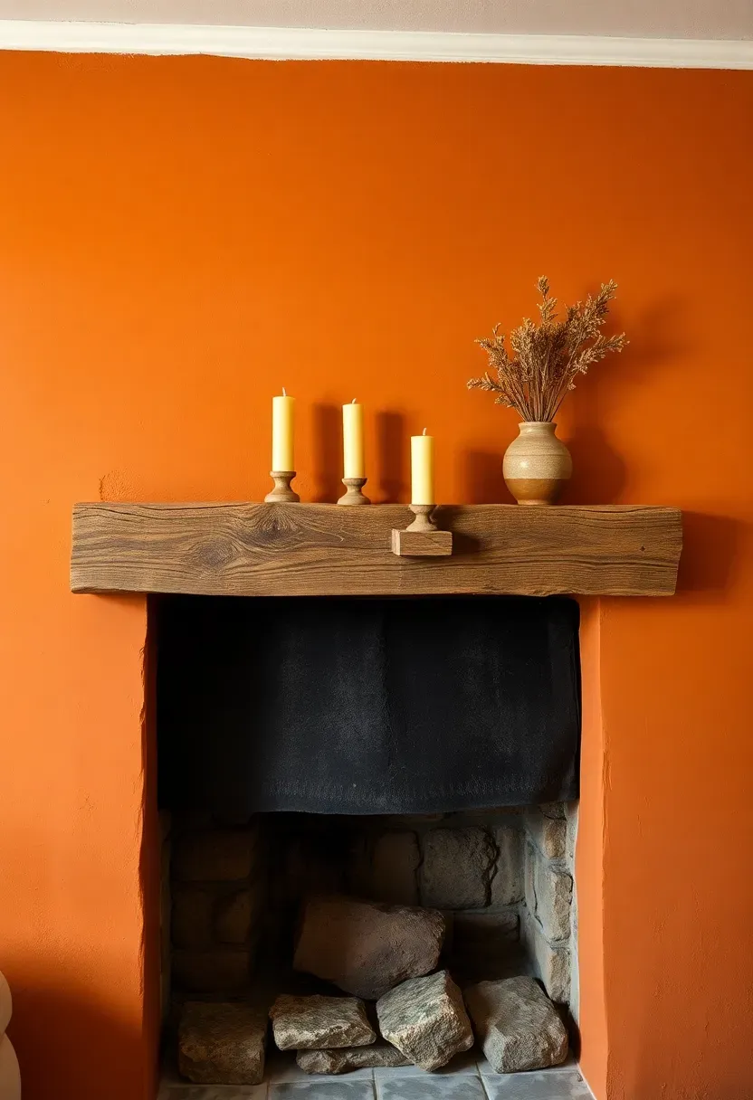 fireplace surround painted in rich burnt ochre with a mantel displaying candles and dried flowers