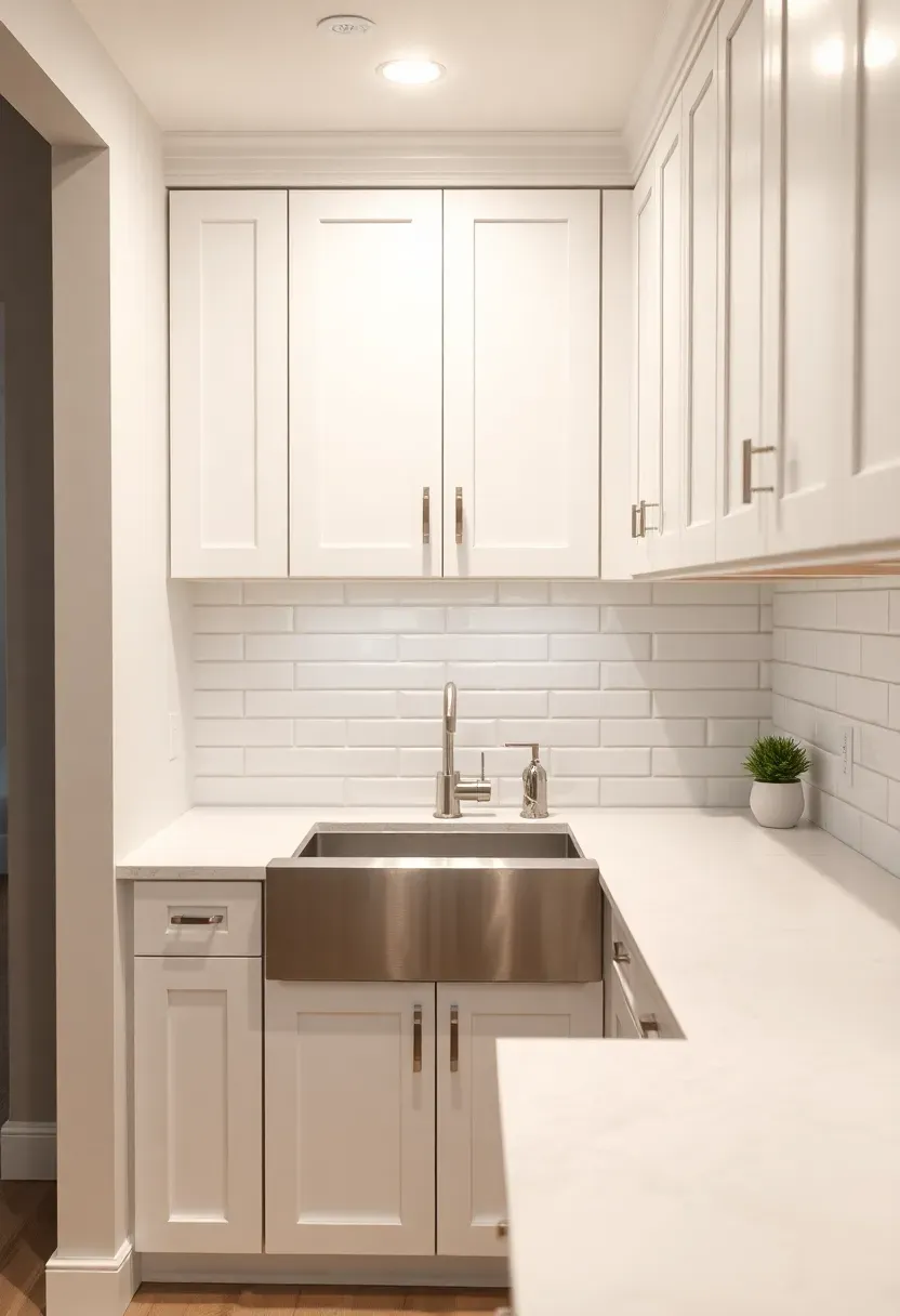single-wall basement wet bar with white shaker cabinets undermount stainless sink and subway tile backsplash