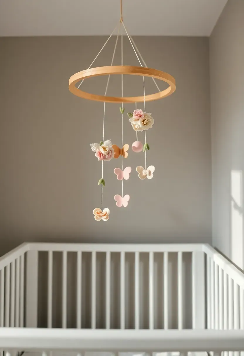 floral mobile above a baby girl crib with soft pink and cream flower shapes