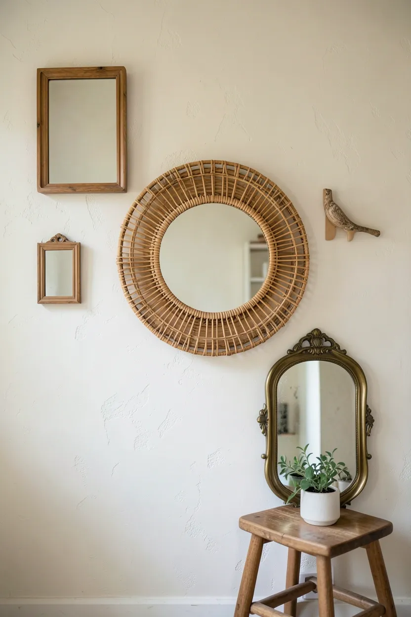 Hyper-realistic eye-level photograph of boho bathroom wall gallery with three mirrors artfully arranged: large round rattan mirror in center, smaller rectangular wood-framed mirror above left, vintage brass mirror below right, cream plaster wall background, small wooden stool with plant in foreground. Natural light. Materials: natural rattan, wood, brass. Eclectic layered boho mirror display. Varied shapes and frames. No text, no logos, no watermarks.</p>