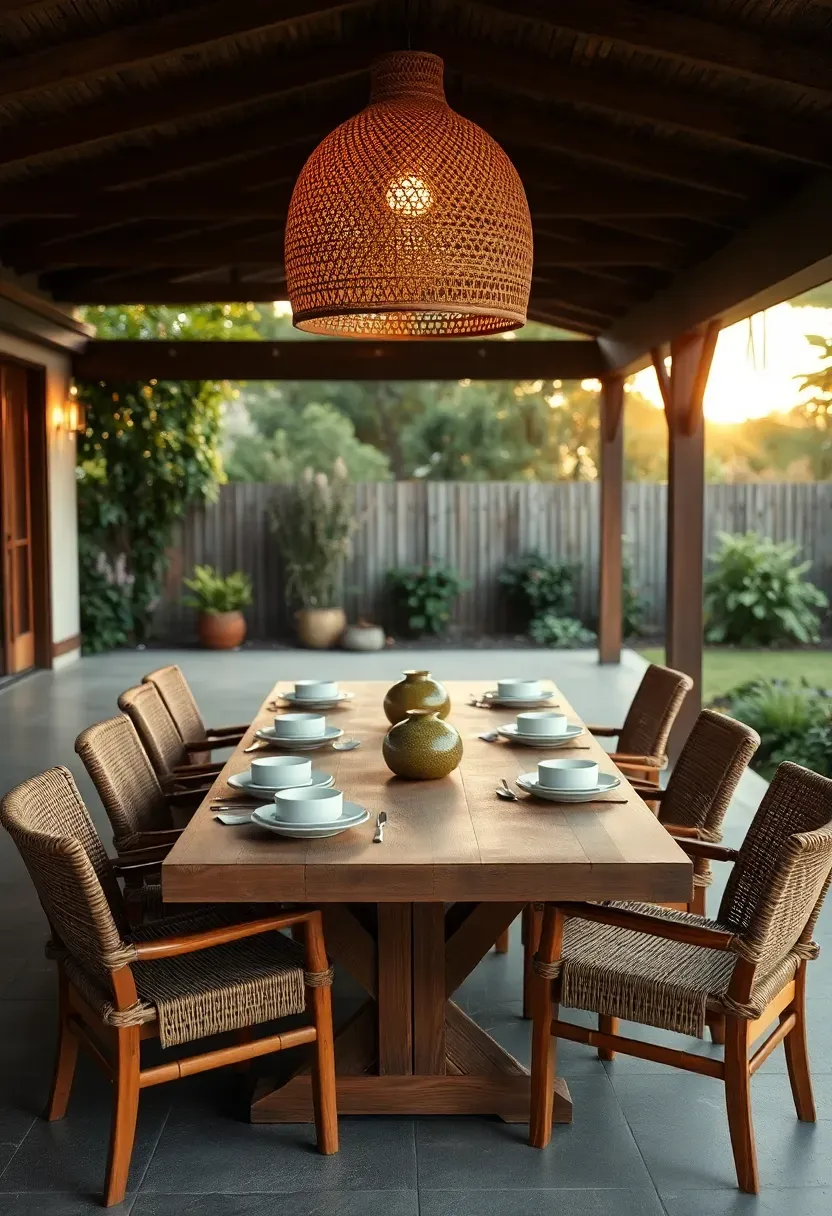 Rectangular wooden dining table with six chairs set for dinner under a covered backyard porch with pendant light above