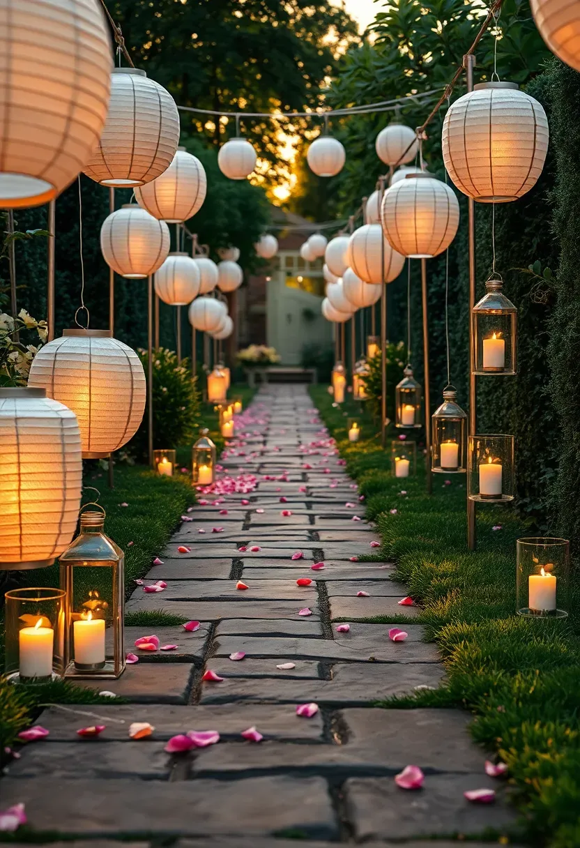 pathway of white paper lanterns and small lanterns with LED candles lining the entrance walkway to an outdoor baby shower at golden hour