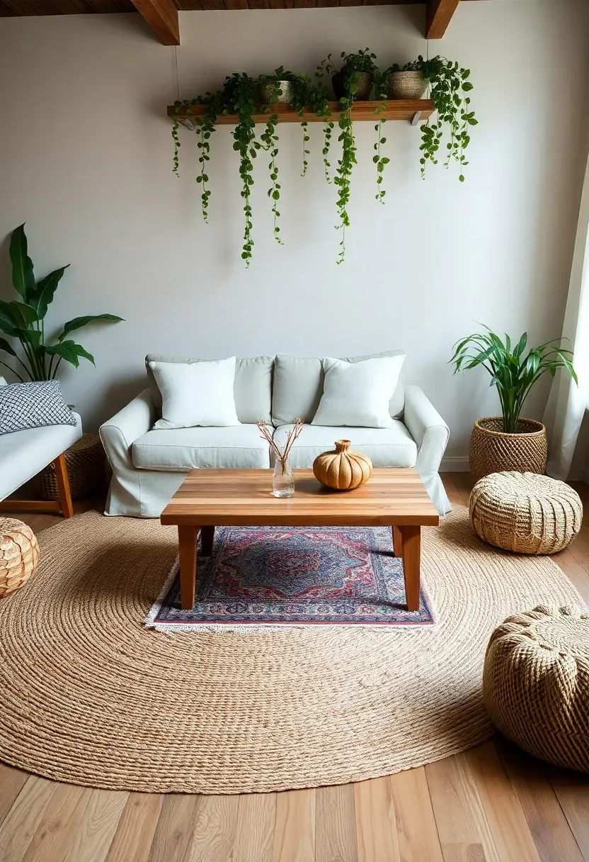 Bohemian living room with a large jute rug layered under a smaller patterned Persian rug, surrounded by low seating and floor cushions