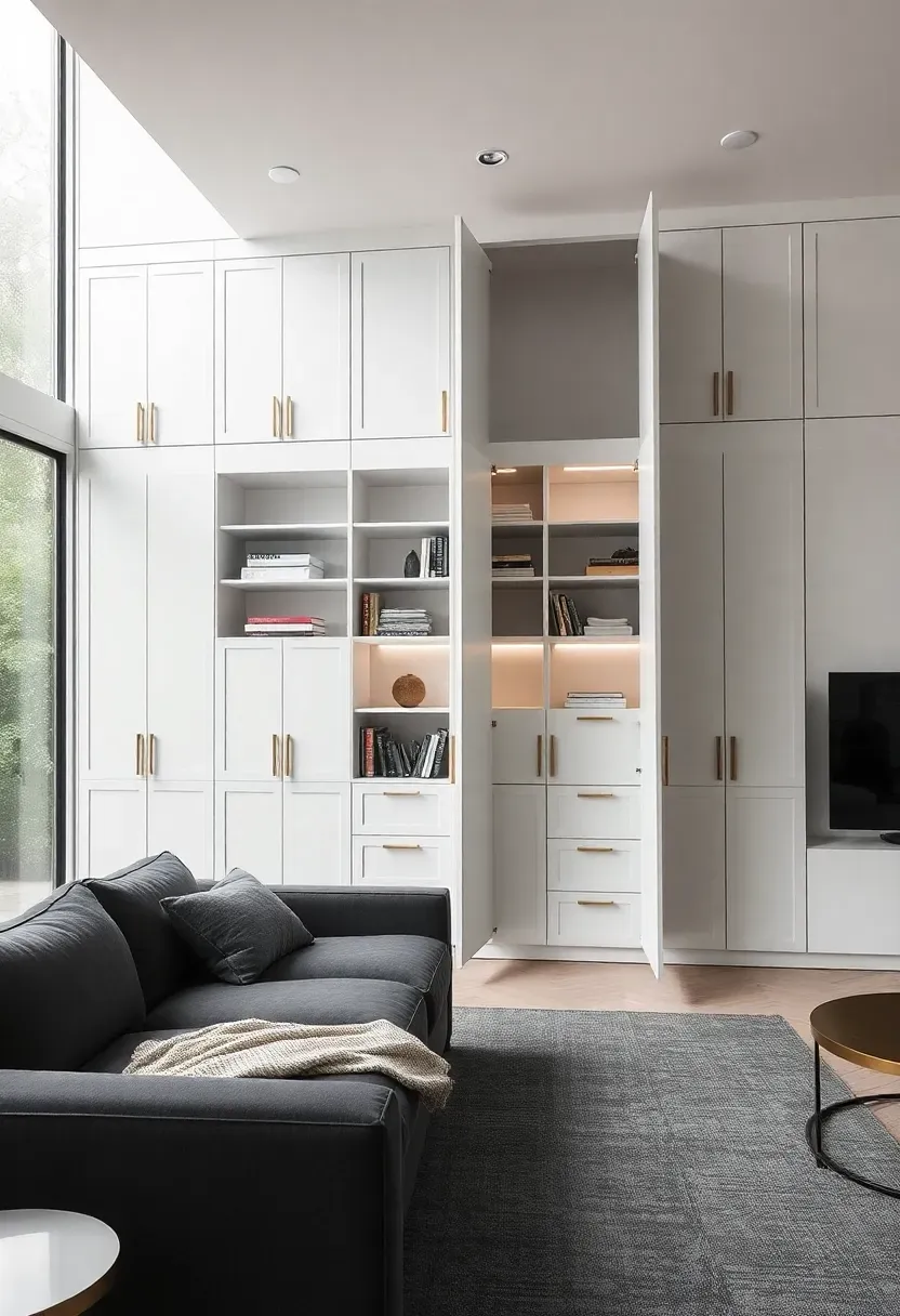 Hyper-realistic view of living room with full-wall concealed storage. Materials: floor-to-ceiling matte white cabinetry with integrated push latches, no visible hardware, seamless alignment with walls. One cabinet open showing organized interior with shelves and dividers. Charcoal sofa, brass table, clean uncluttered surfaces. Invisible storage maintaining serene elegance.</p>